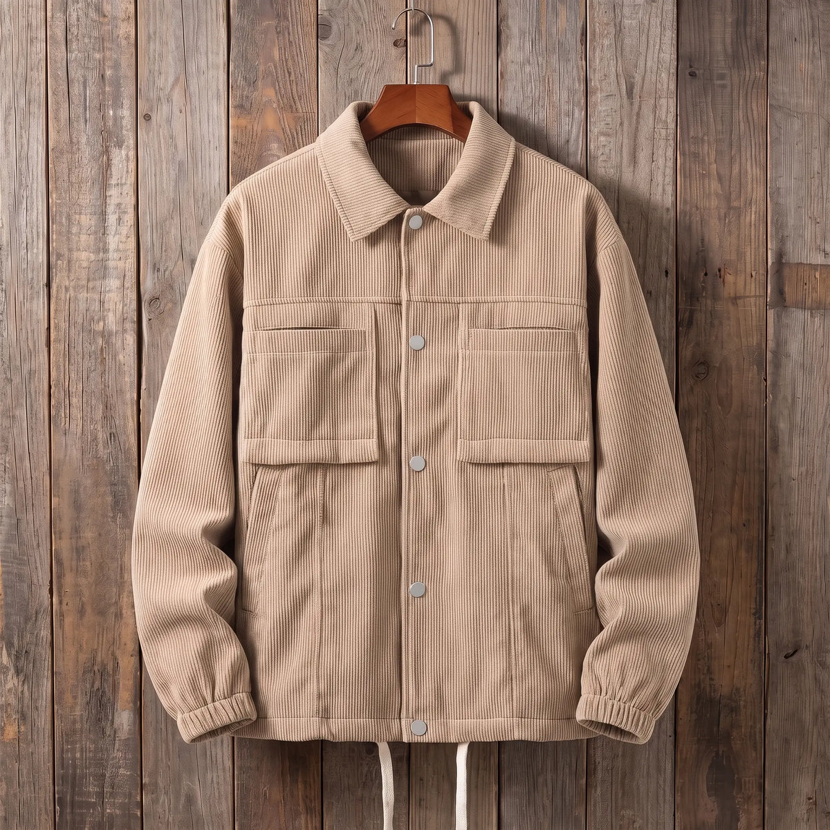 Men's beige corduroy work jacket with snap front and flap chest pockets on a wooden hanger