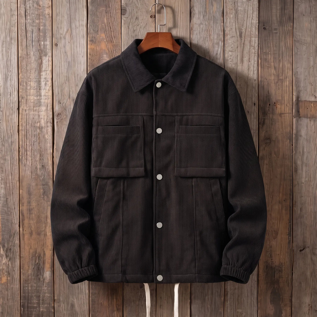 Men's black corduroy work jacket with snap front and flap chest pockets on a wooden hanger