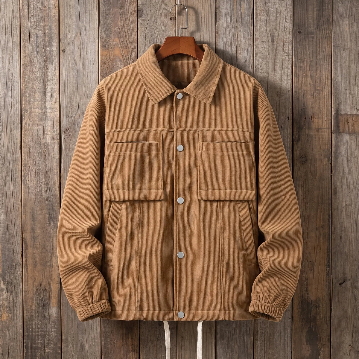 Men's brown corduroy work jacket with snap front and flap chest pockets on a wooden hanger