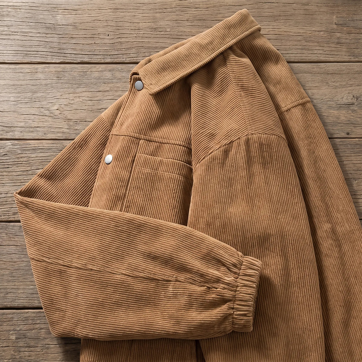 Close up of the shirt collar and flap chest pocket on the brown corduroy work jacket