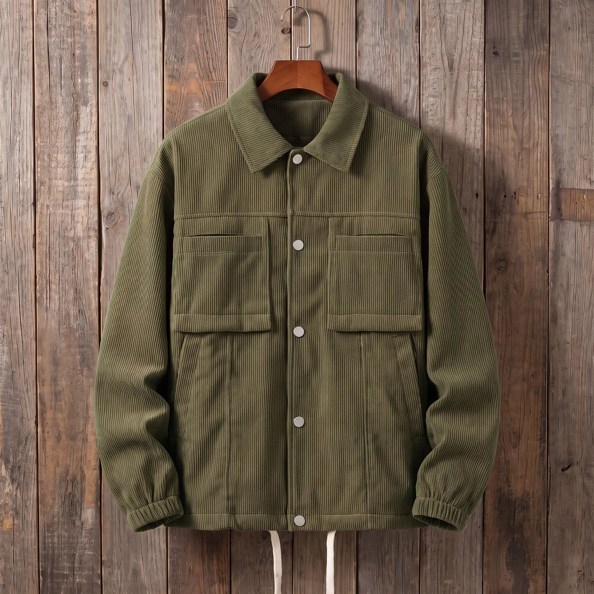Men's green corduroy work jacket with snap front and flap chest pockets on a wooden hanger
