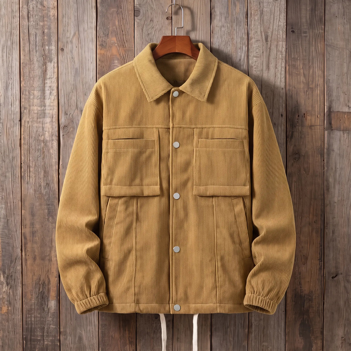 Men's mustard yellow corduroy work jacket with snap front and flap chest pockets on a wooden hanger