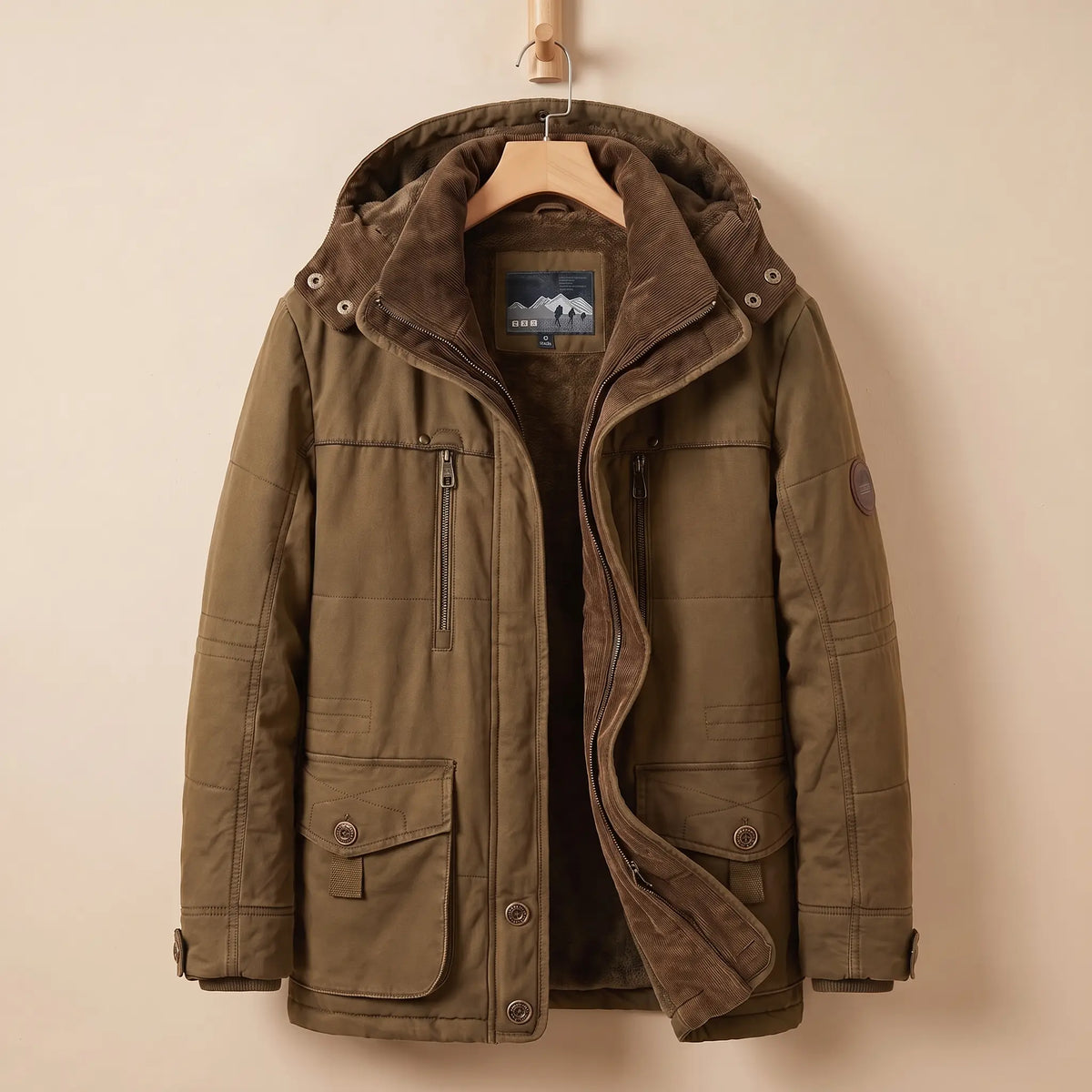 Men's brown fleece-lined hooded parka with corduroy collar, zip chest pocket and snap flap pockets on a wooden hanger