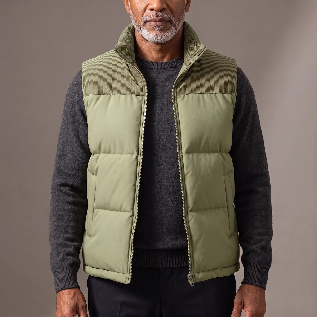 Men's green quilted puffer vest with ribbed cord collar and shoulder yoke, worn open over a charcoal knit