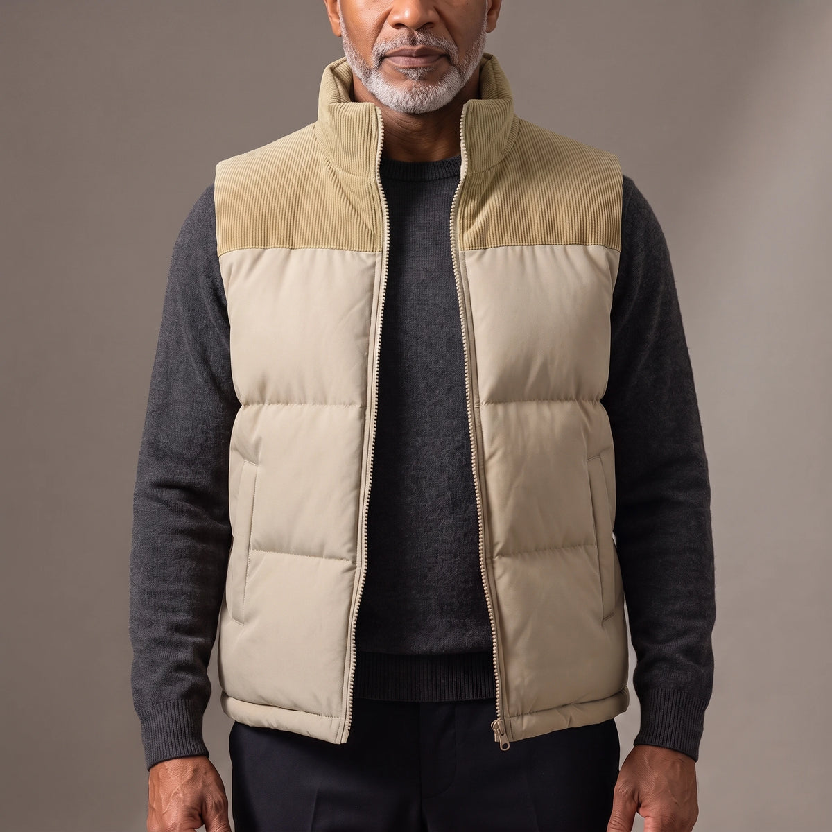 Men's khaki quilted puffer vest with ribbed cord collar and shoulder yoke, worn open over a charcoal knit