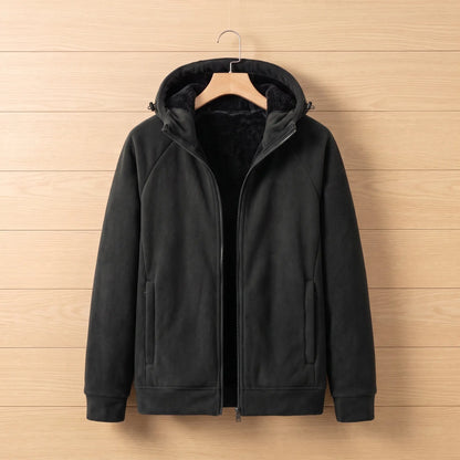 Men's black full-zip fleece jacket with black plush-lined hood, zip pockets and ribbed cuffs on a wooden hanger