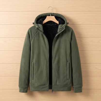 Men's green full-zip fleece jacket with black plush-lined hood, zip pockets and ribbed cuffs on a wooden hanger