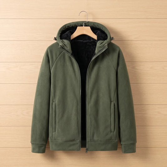 Men's green full-zip fleece jacket with black plush-lined hood, zip pockets and ribbed cuffs on a wooden hanger