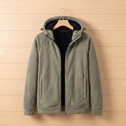 Men's khaki full-zip fleece jacket with black plush-lined hood, zip pockets and ribbed cuffs on a wooden hanger