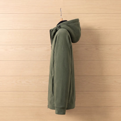 Side view of green hooded fleece jacket on a wooden hanger