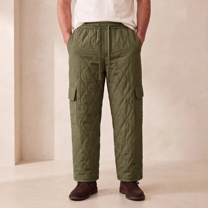 COSY QUILTED TROUSERS in army green, men's plush-lined quilted cargo trousers with drawcord waist