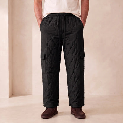 COSY QUILTED TROUSERS in black, men's plush-lined quilted cargo trousers with drawcord waist