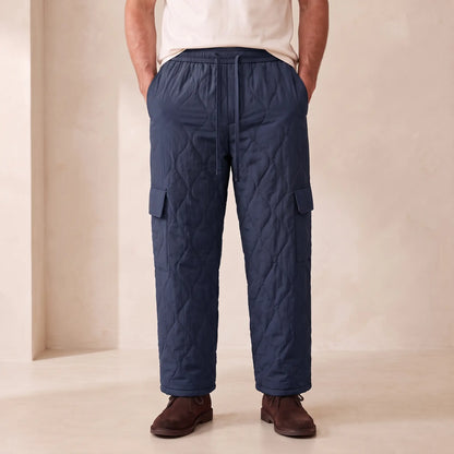 COSY QUILTED TROUSERS in blue, men's plush-lined quilted cargo trousers with drawcord waist
