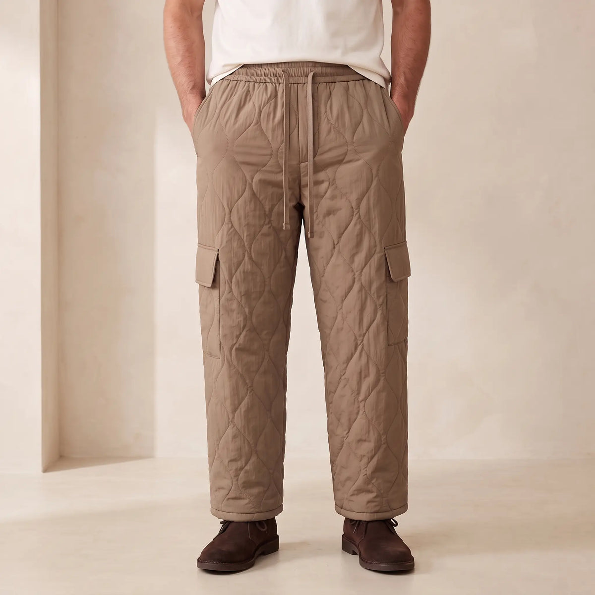 COSY QUILTED TROUSERS in brown, men's plush-lined quilted cargo trousers with drawcord waist