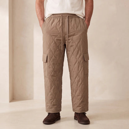 COSY QUILTED TROUSERS in brown, men's plush-lined quilted cargo trousers with drawcord waist