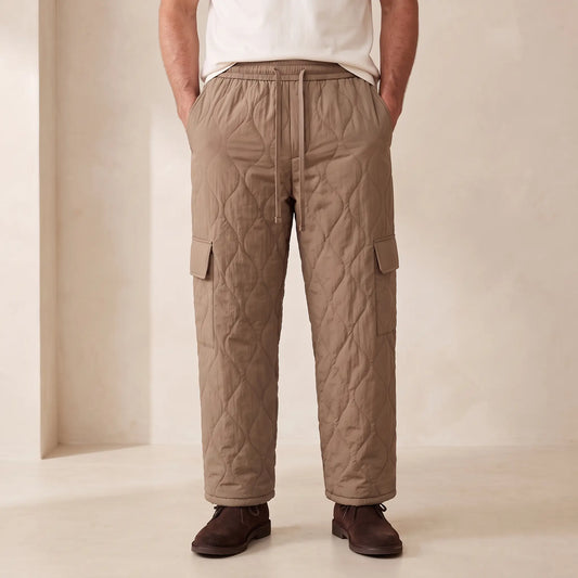 COSY QUILTED TROUSERS in brown, men's plush-lined quilted cargo trousers with drawcord waist