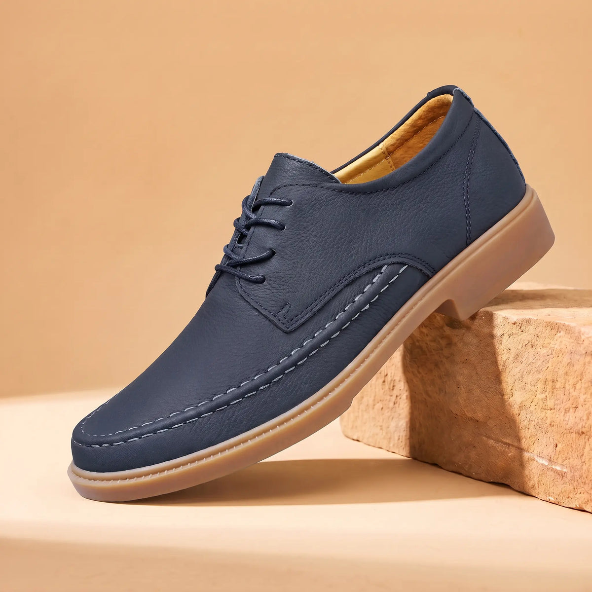 Cowhide moc toe shoe in navy blue