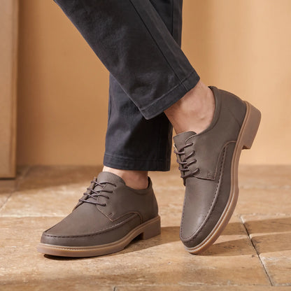 Man wearing brown cowhide moc toe shoes