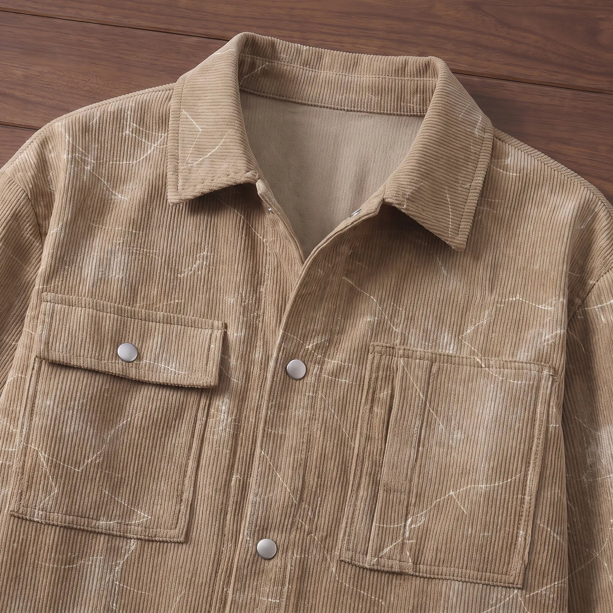 Crackle Cord Overshirt collar, snaps and flap chest pocket close-up