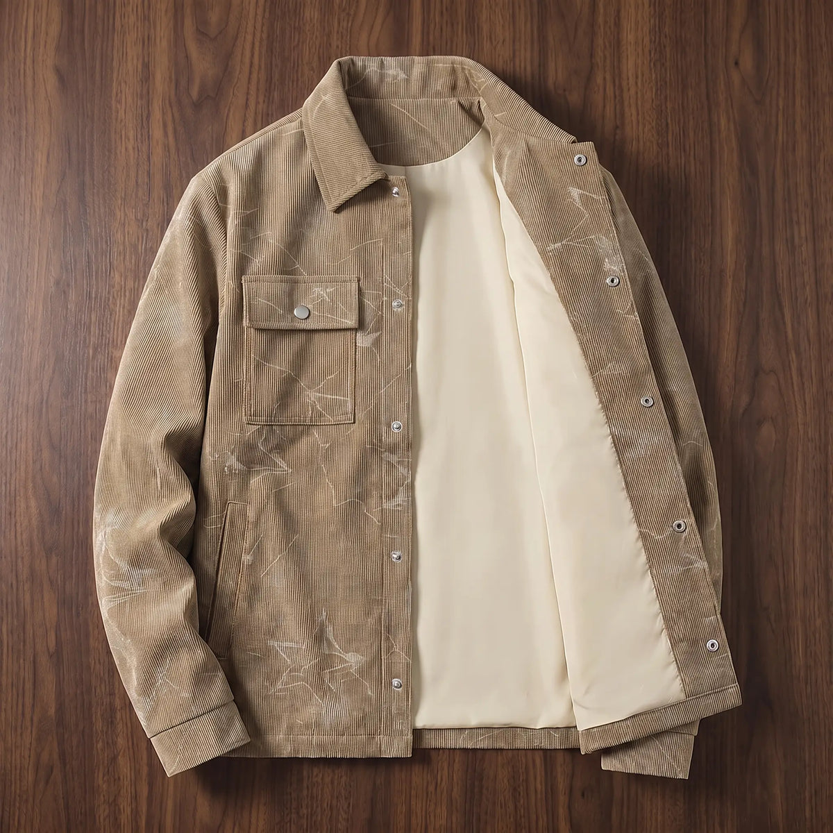 Crackle Cord Overshirt opened to show the cream lining