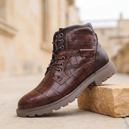 CROC LACE BOOTS in brown, men's croc-embossed lace-up ankle boot with contrast collar, side zip and chunky lug sole