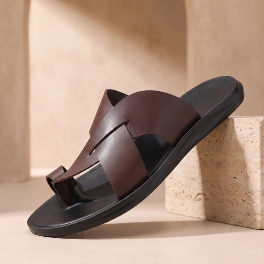 Brown mens backless slide with crossing bands toe loop and black moulded footbed