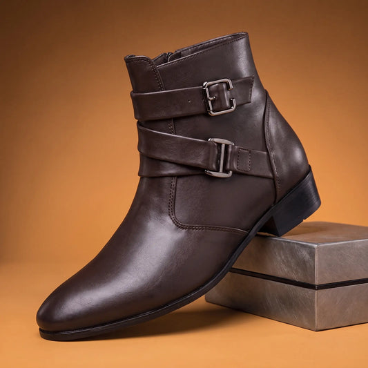 Brown mens pointed toe ankle boot with crossed straps twin square buckles and side zip