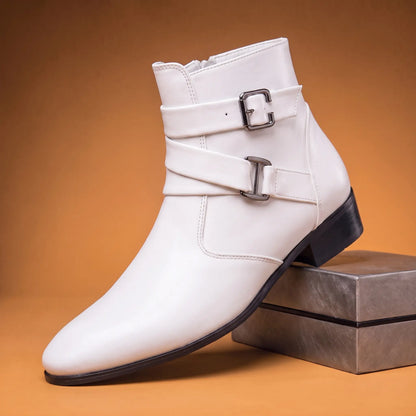 White mens pointed toe ankle boot with crossed straps twin square buckles and side zip