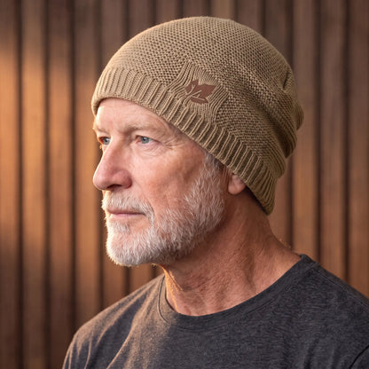 Khaki cuffed knit beanie for men worn with a turn-up cuff over the ears