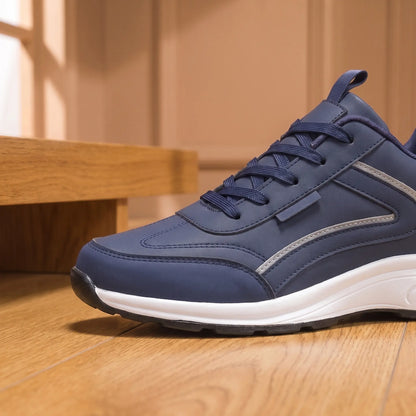 Cushion Step Trainers in Navy Blue, toe and laces close-up
