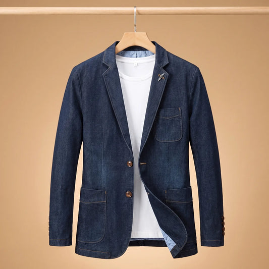 Denim sport blazer in navy blue on a wooden hanger over a white tee