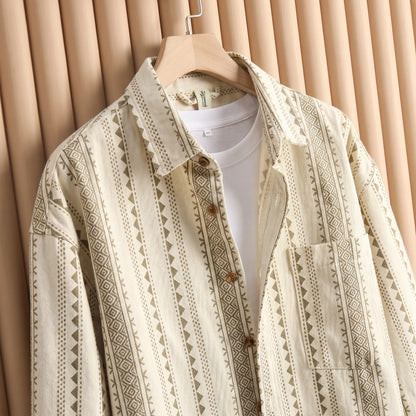 Desert Stripe Overshirt collar and chest pocket close-up