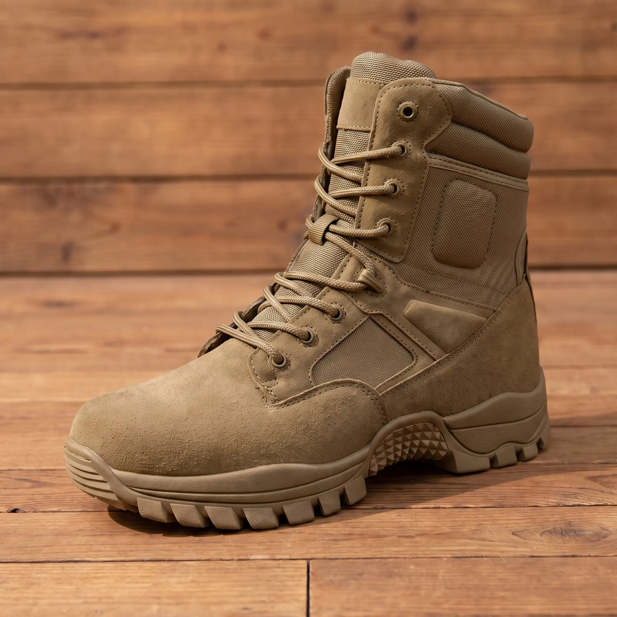 DESERT TACTICAL BOOTS in brown, tall lace-up work boot with side zip and lugged sole on a wood floor