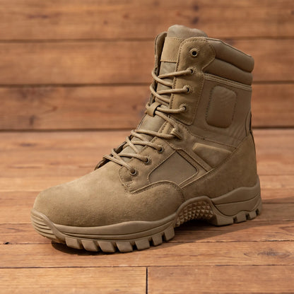 DESERT TACTICAL BOOTS in brown, tall lace-up work boot with side zip and lugged sole on a wood floor