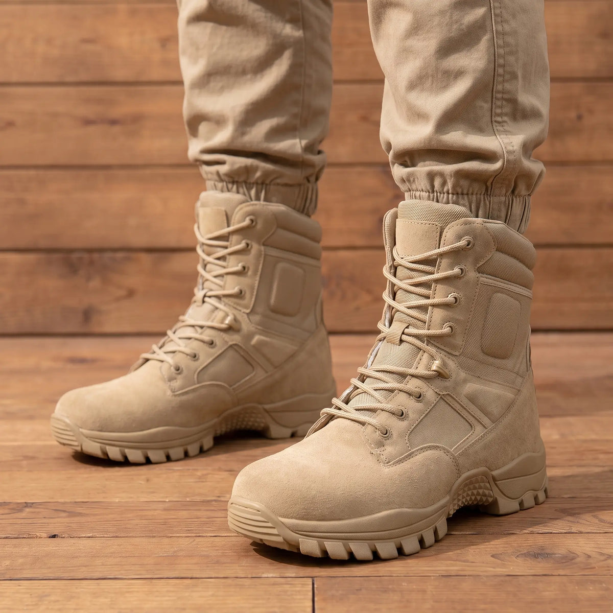 Man standing wearing the DESERT TACTICAL BOOTS with khaki cargo trousers on a wood floor