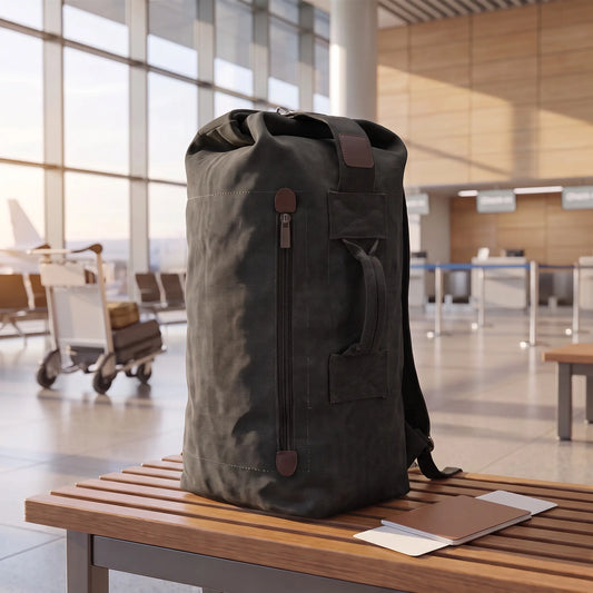 Dockside duffle backpack in black canvas on an airport terminal bench