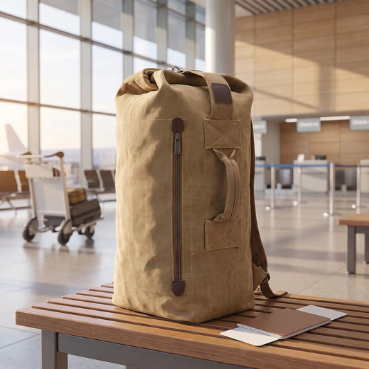 Dockside duffle backpack in khaki canvas on an airport terminal bench