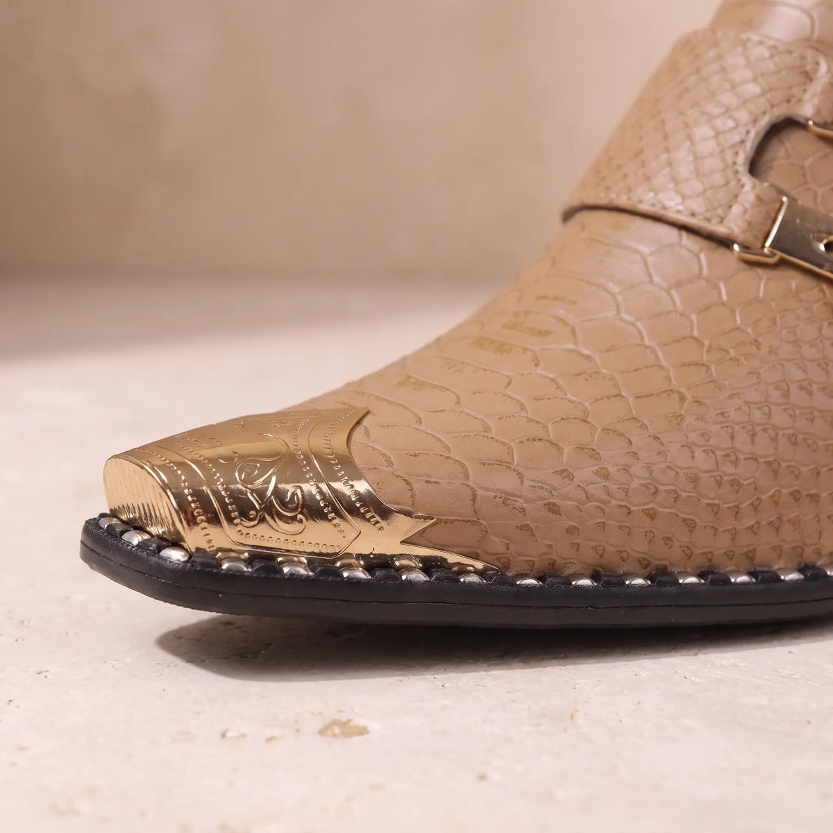 Double Buckle Shoes in Light Brown, gold toe cap and studded edge detail