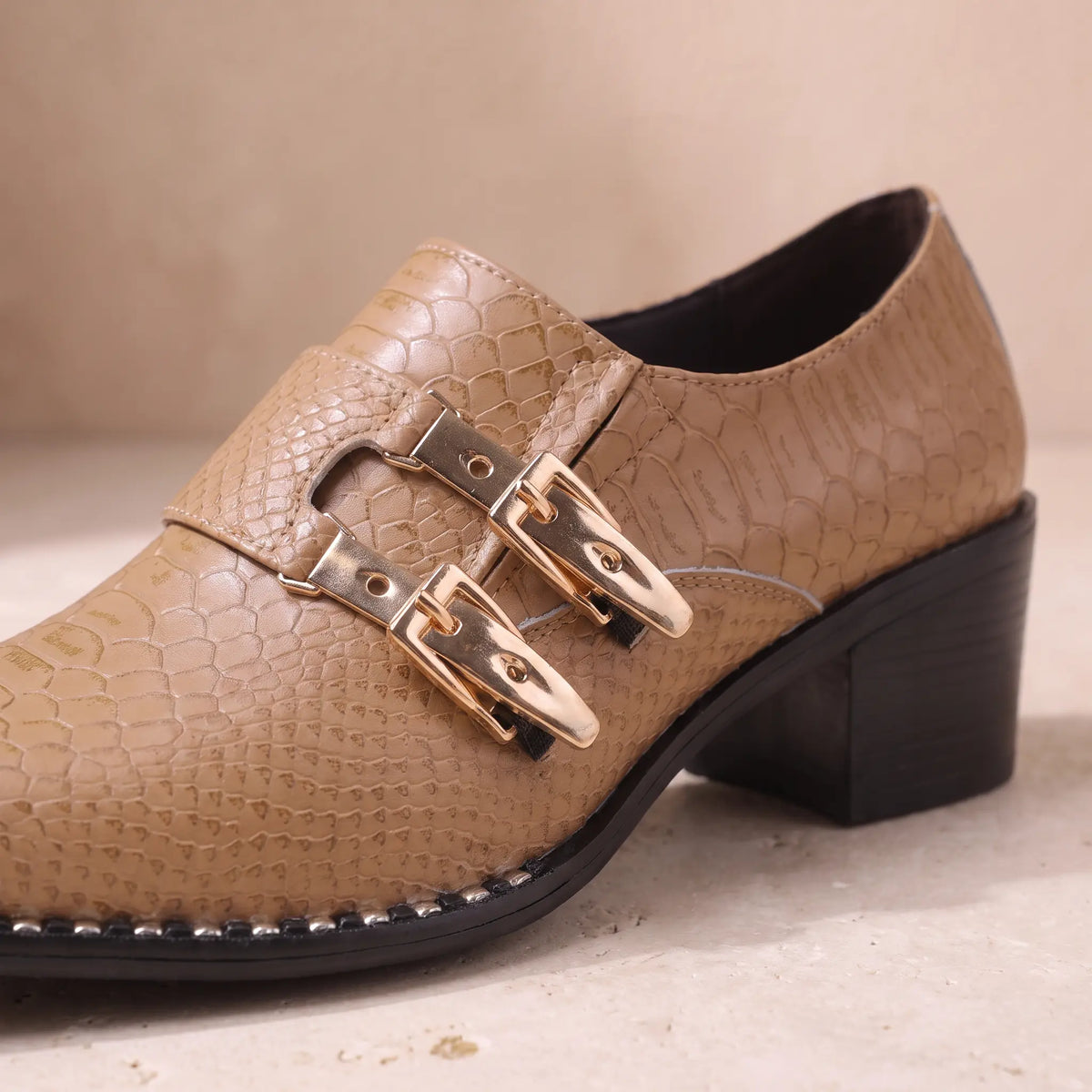 Double Buckle Shoes in Light Brown, two gold buckles on the instep strap