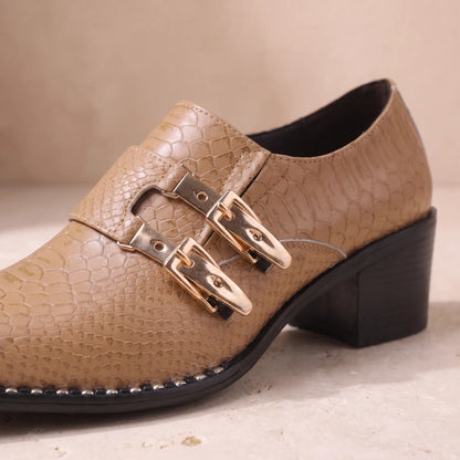 Double Buckle Shoes in Light Brown, two gold buckles on the instep strap