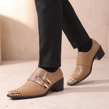 Double Buckle Shoes in Light Brown, worn with dark trousers