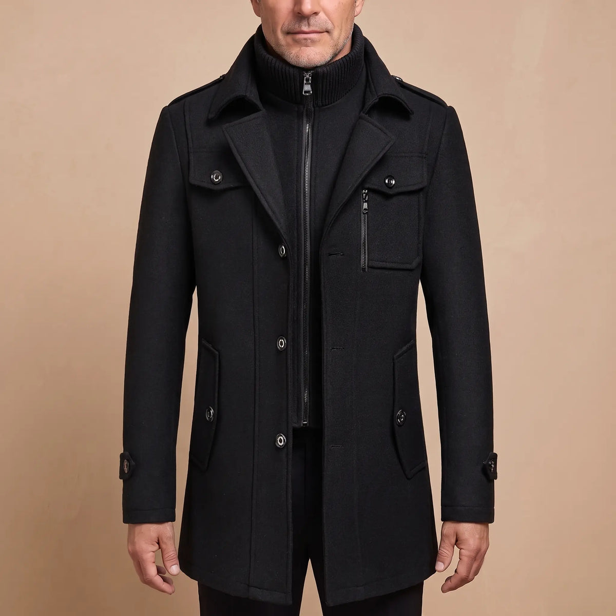 DOUBLE COLLAR COAT in black, mid length coat with inner zip bib and ribbed knit stand collar, worn