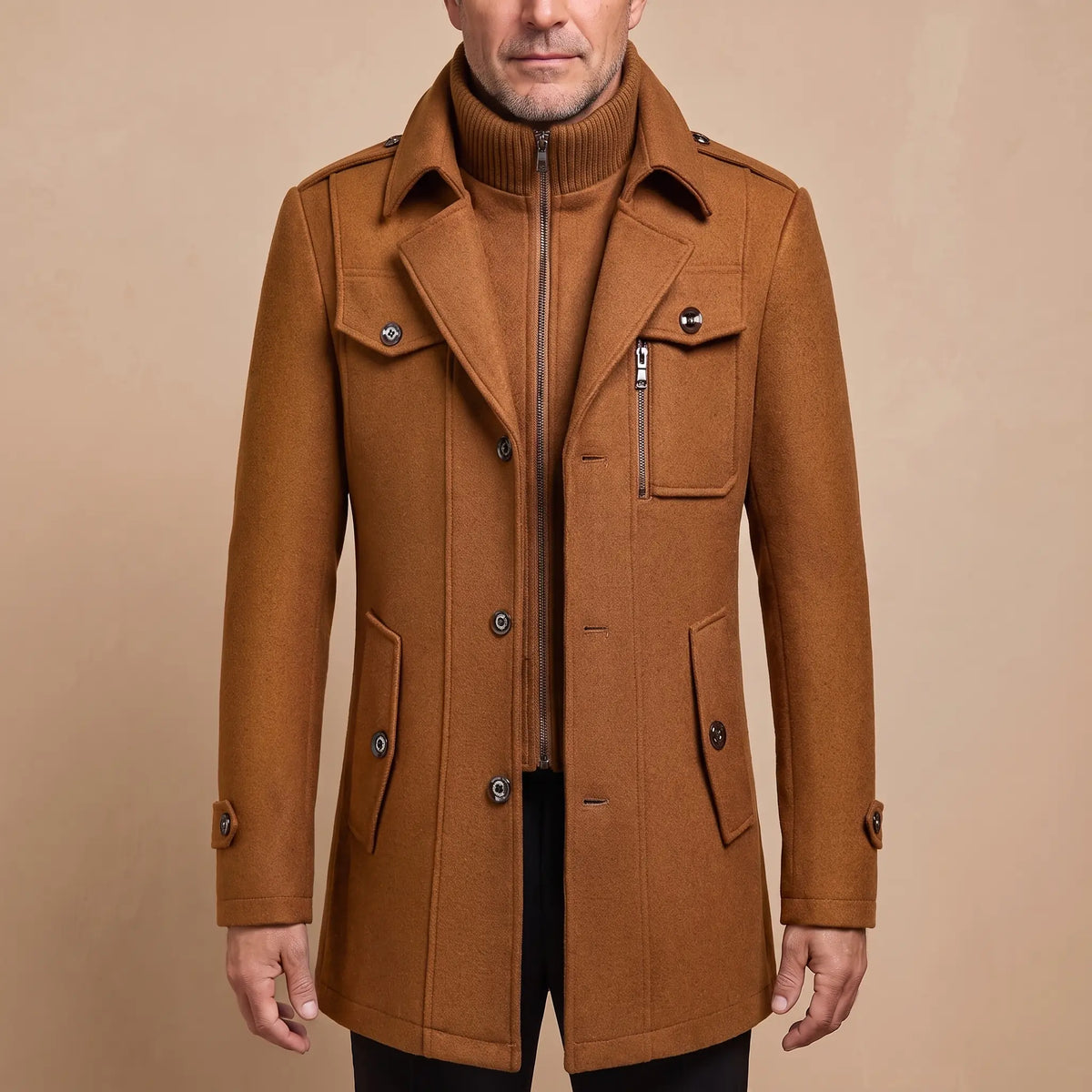DOUBLE COLLAR COAT in brown, mid length coat with inner zip bib and ribbed knit stand collar, worn