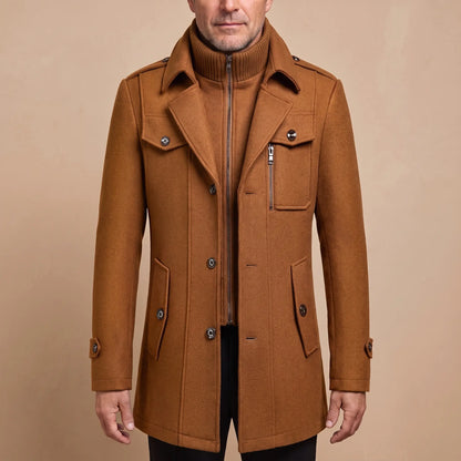 DOUBLE COLLAR COAT in brown, mid length coat with inner zip bib and ribbed knit stand collar, worn