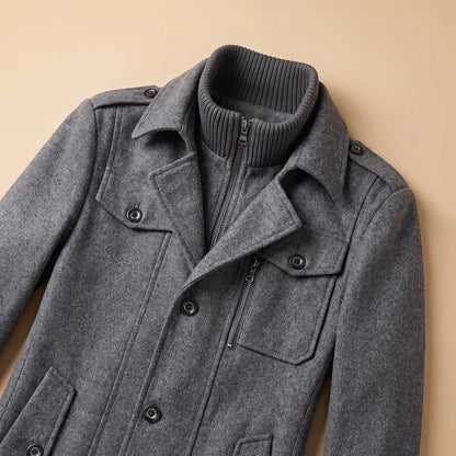 Close up of the DOUBLE COLLAR COAT collar, inner ribbed stand collar, epaulettes and chest pockets