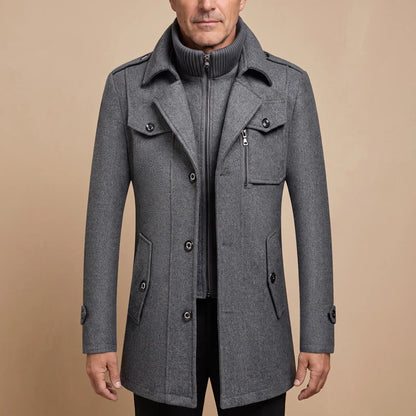 DOUBLE COLLAR COAT in grey, mid length coat with inner zip bib and ribbed knit stand collar, worn