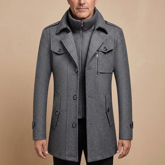 DOUBLE COLLAR COAT in grey, mid length coat with inner zip bib and ribbed knit stand collar, worn