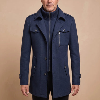 DOUBLE COLLAR COAT in navy blue, mid length coat with inner zip bib and ribbed knit stand collar, worn