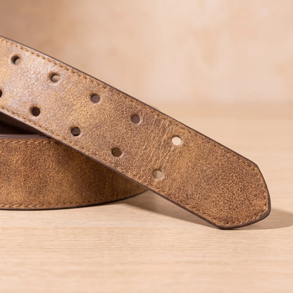 Close up of the DOUBLE PIN BELT strap showing two rows of punched holes and the tapered tip