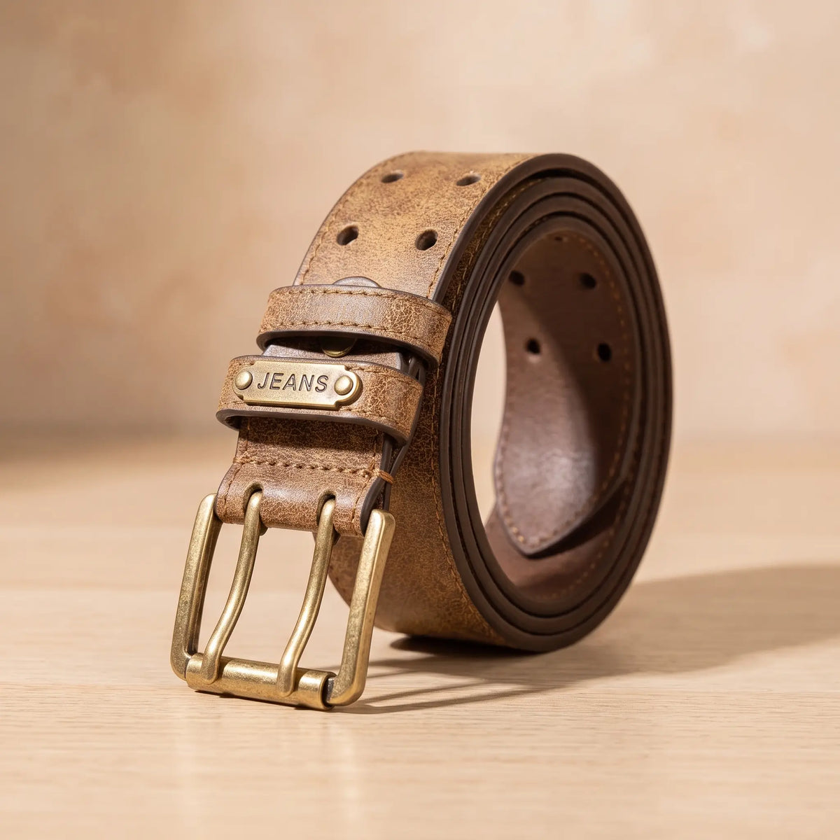 DOUBLE PIN BELT in khaki, aged finish belt with antique brass double prong buckle, coiled on light oak